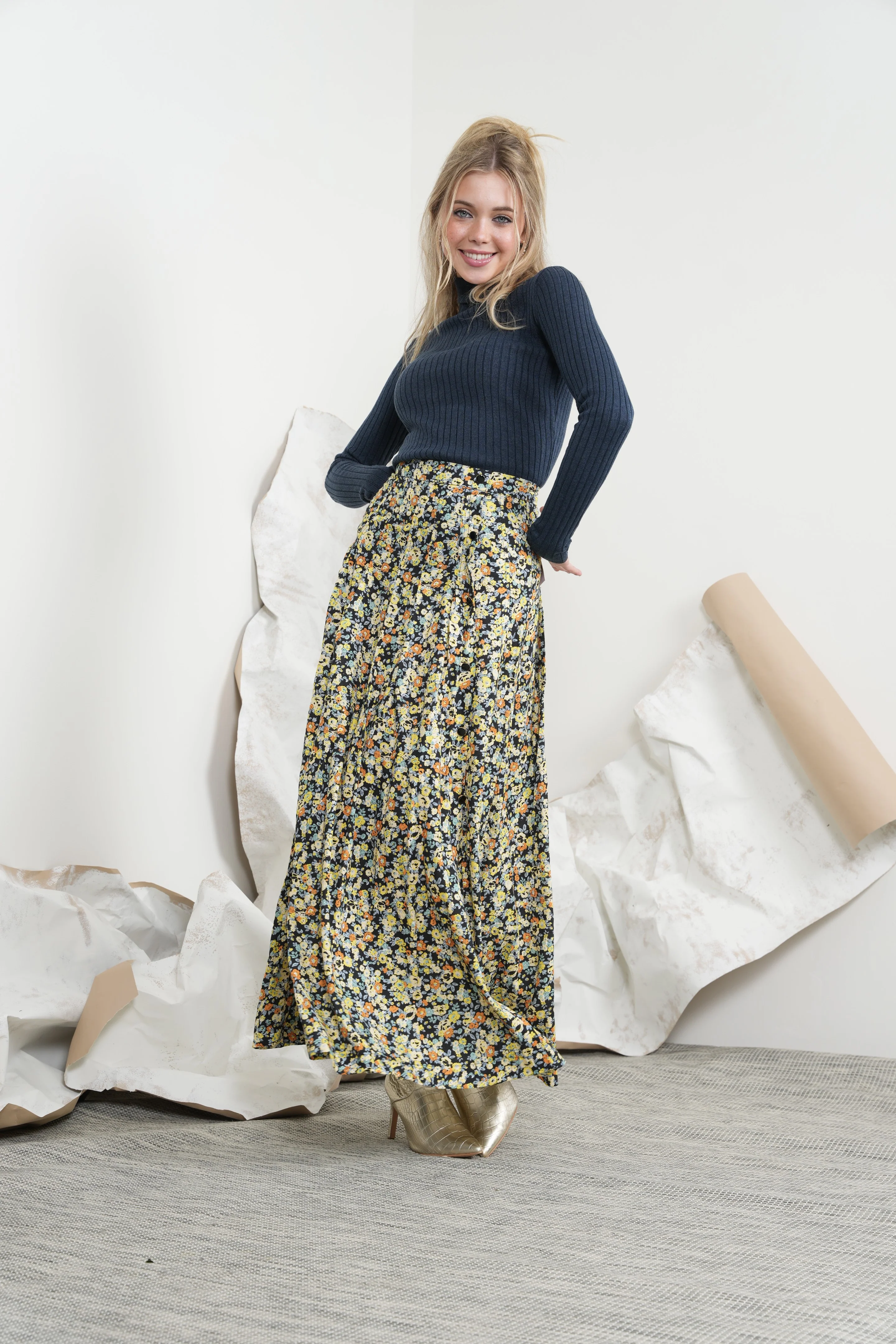 Print Pleated Buttons Skirt - Image 8