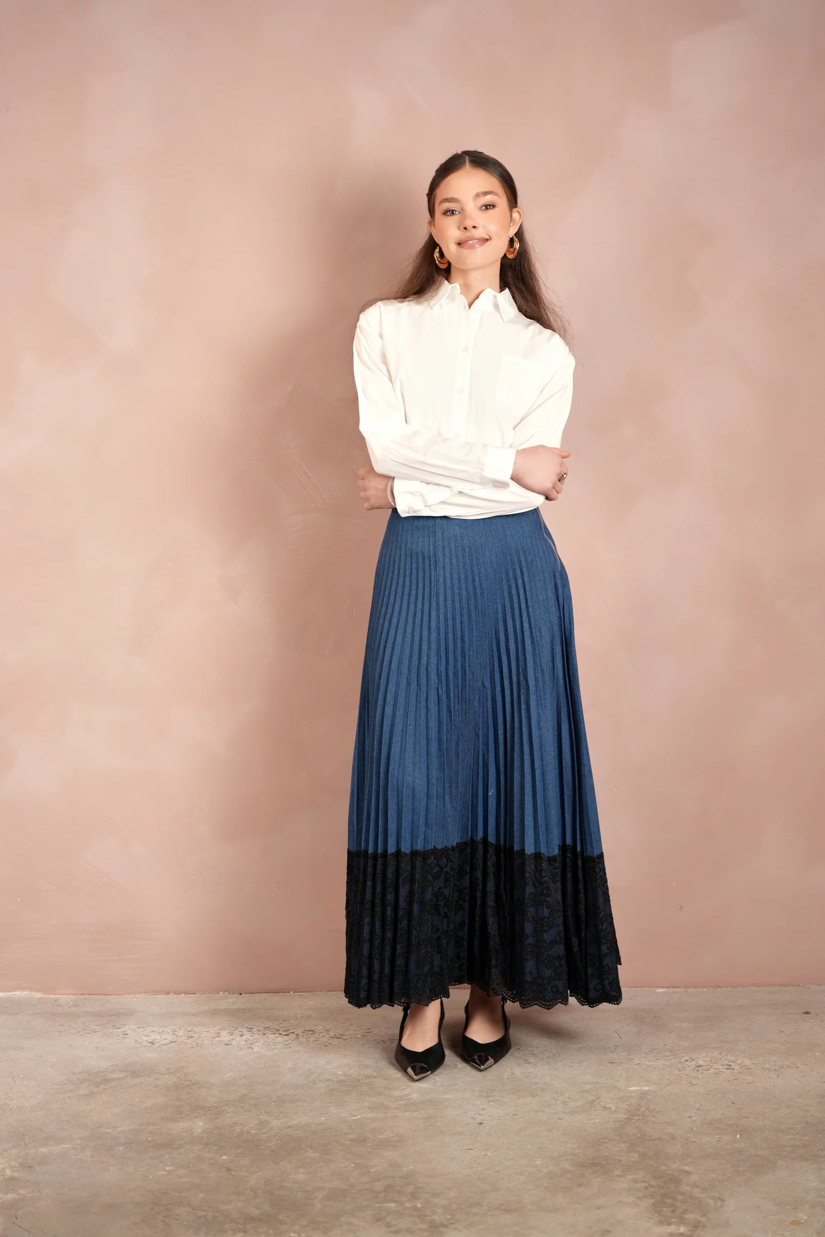 Lace Pleated Denim Skirt - Maxi - Image 3