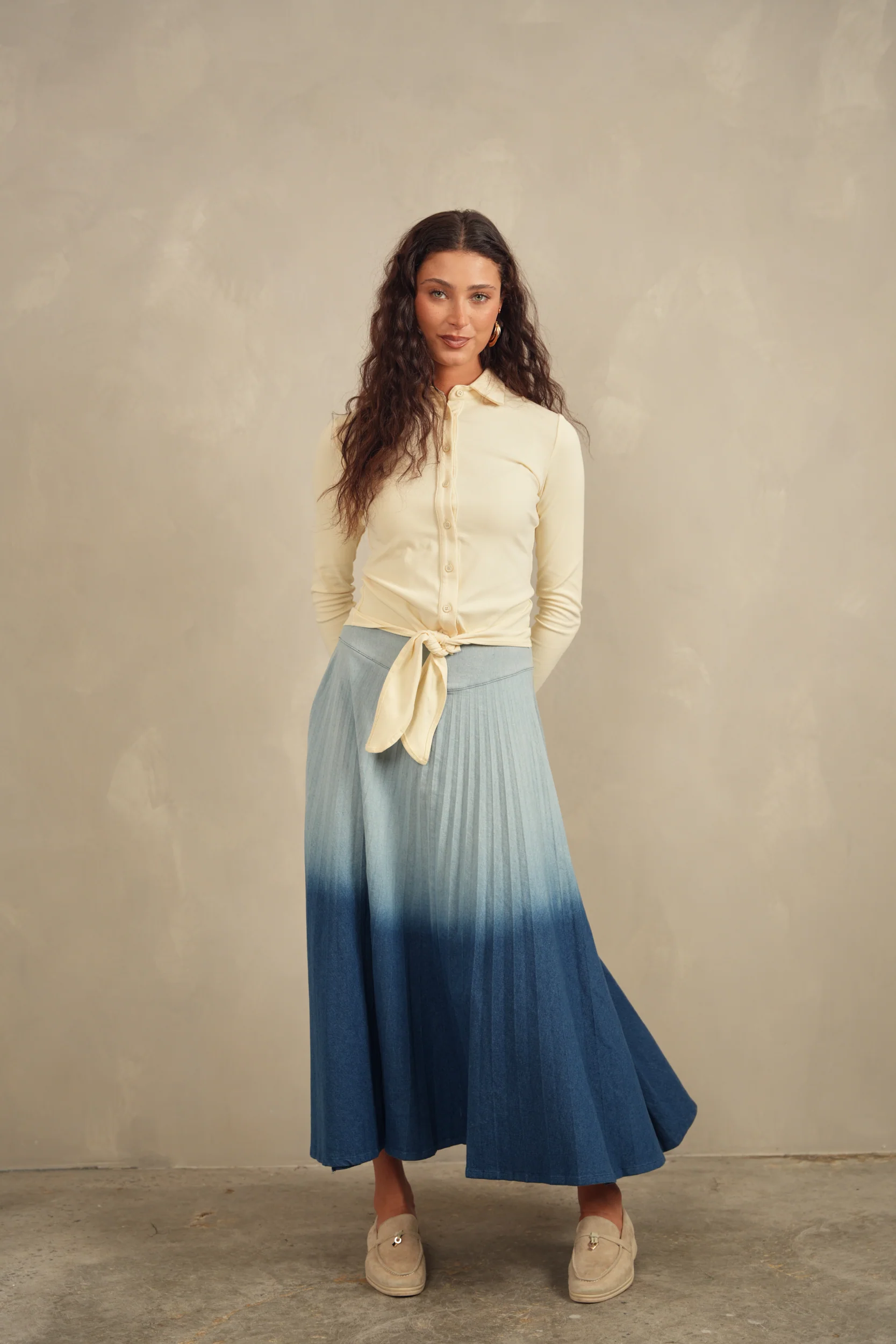 Ombre Pleated Denim Skirt - Maxi